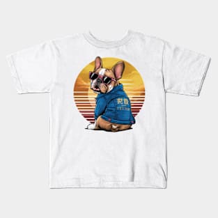 A vibrant vector illustration of a French Bulldog wearing sunglasses and a blue jean jacket, embodying a carefree(2) Kids T-Shirt